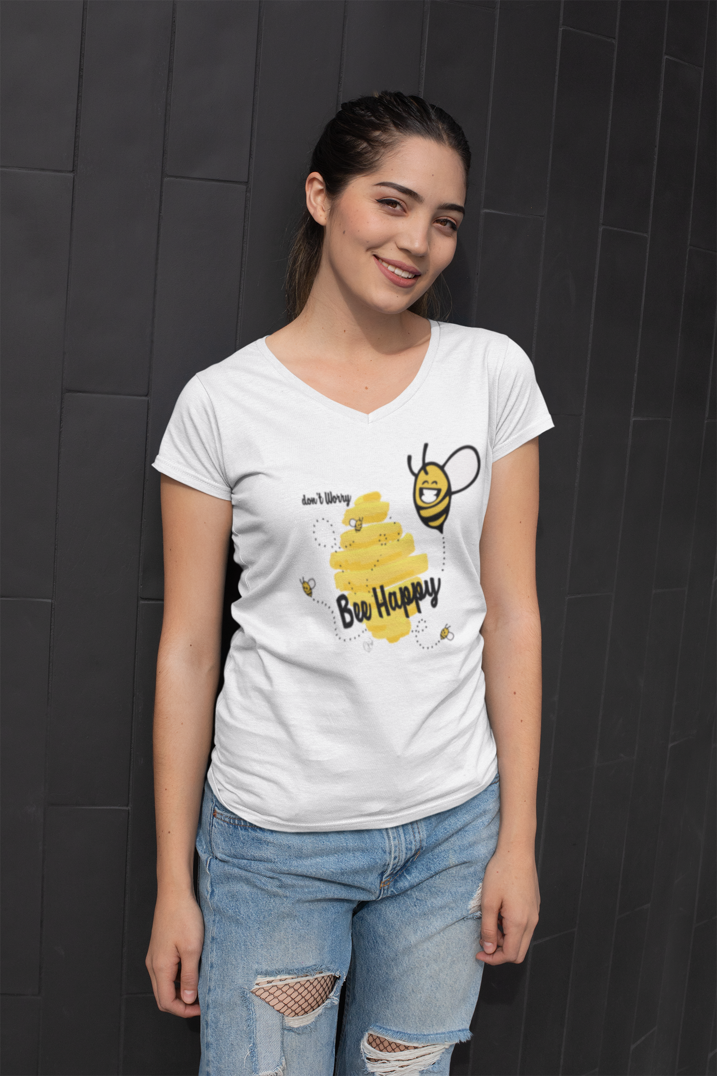 Bee happy | Bunt - Premium Organic Damen T-Shirt, V-Neck, in mehreren Farben, 100% Bio-Baumwolle