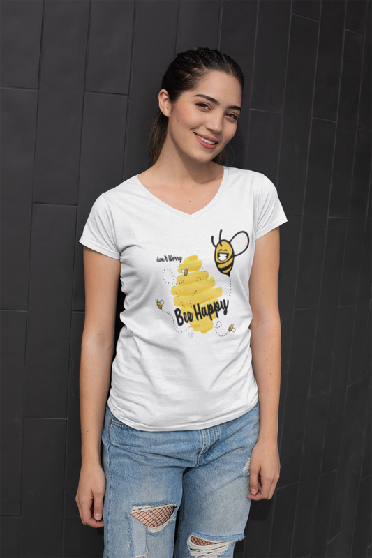 Bee happy | Bunt  - Premium Organic Damen T-Shirt, V-Neck, in mehreren Farben, 100% Bio-Baumwolle